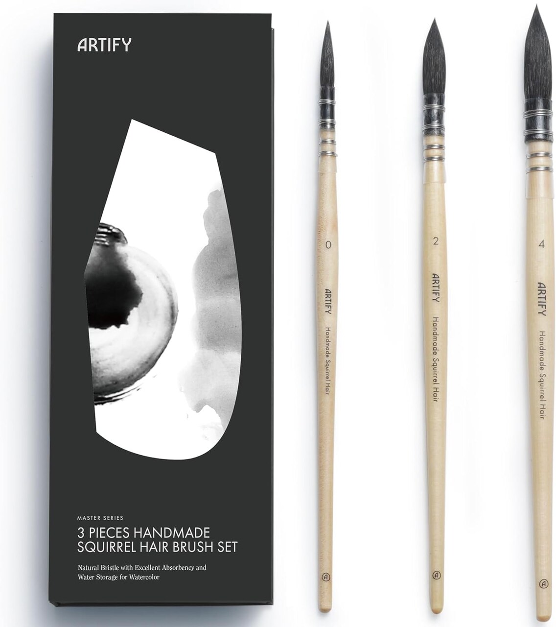ARTIFY 3PCS Professional Natural Squirrel Hair Quill Watercolor Brushes | Mop Round Fine Tip Detail Watercolor Paint Brush Set | Ideal for Watercolor and Gouache Painting | Sizes #0, 2, 4